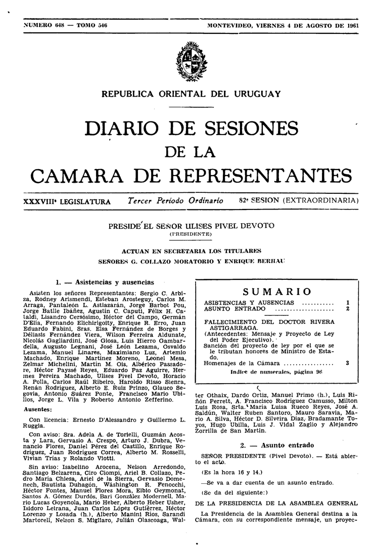 DIARIO DE SESIONES DE LA CAMARA DE REPRESENTANTES del 04/08/1961